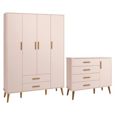 Imagem de Jogo de Quarto Infantil Isis Guarda Roupa 4 Portas e Cômoda 1 Porta - Reller Móveis Rosa