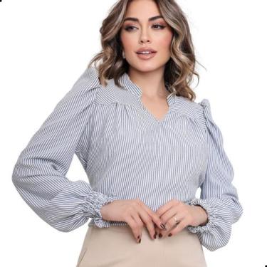 Imagem de Blusa Manga Longa Bufante Gola V Listrada Feminina Social - G-Store, A