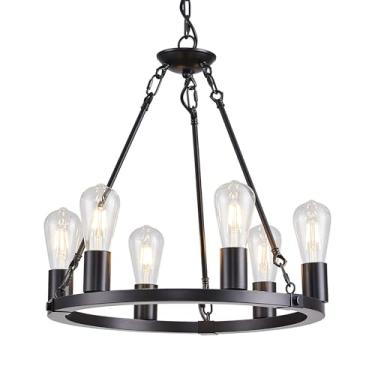 Imagem de GYNAZIX Lustre De Fazenda Com 6 Luzes, Estilo Roda De Carroça, Preto, Moderno, Vintage, Redondo, Pendente, Para Sala De Jantar, Sala De Estar, Hall De Entrada, Ilha De Cozinha, E26