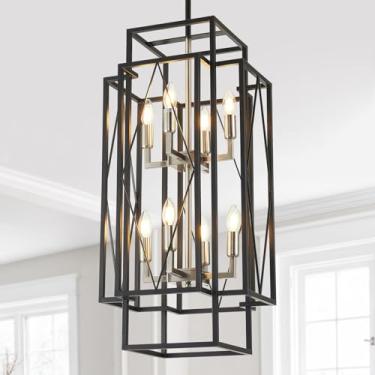 Imagem de UnicozoHome Lustre De Fazenda De 31,5" Para Entrada, Luminárias Pendentes Em Camadas Com 8 Lanternas, Luminárias Rústicas Para Hall De Entrada Industrial, Lustres Grandes Para Tetos Altos, Para Esca