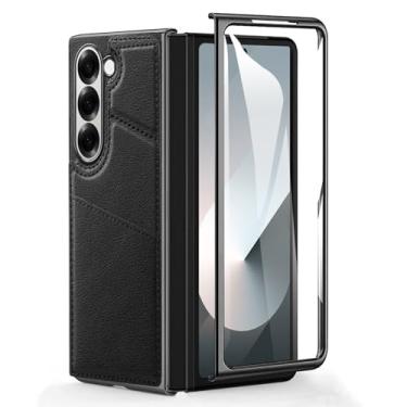 Imagem de HAO RIYLN Capa ultrafina para Samsung Galaxy Z Fold 6, capa galvanizada antiqueda com slots de cartão e suporte capa de couro premium, preta, ZFOLD6