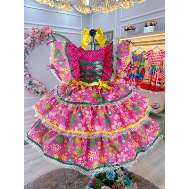 Imagem de Vestido Infantil Junino Festa São João Caipira Pink Florido - bella ch