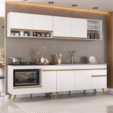 Imagem de Armário De Cozinha Modulada Compacta 4 Pçs Com Balcão Para Cooktop Veneza Multimóveis Mp2261 Branco/dourado