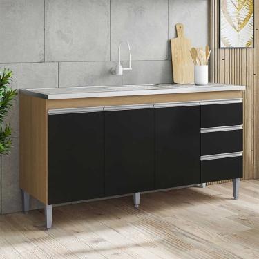 Imagem de Balcão Andréia com Pia e Cuba GhelPlus 160cm Amêndoa Preto AJL Móveis