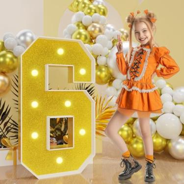 Imagem de imprsv Números De Letreiro Dourados 3 Pés: Decoração Festa Dourada - Número 6 Iluminado, Grande, Pés Altura, Aniversário Para Ele, Ela, 6, 16 E 60 Anos