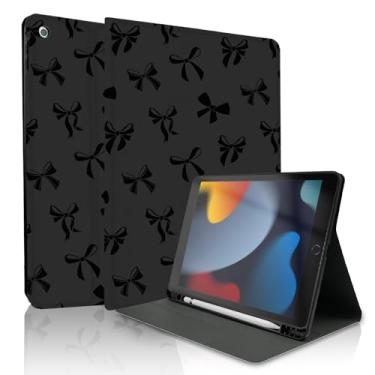 Imagem de TopPerfekt Capa para iPad 9ª/8ª/7ª geração 2021/2020/2019 de 10,2 polegadas, laço preto, fofo, chique, adorável com porta-lápis para crianças, meninos, meninas, antiderrapante, antichoque, laço preto
