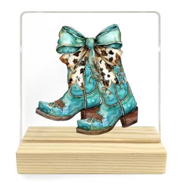 Imagem de Mancheng-zi Decoração de mesa de arco ocidental, botas vintage de cowgirl inspiradoras placa de mesa de acrílico para decoração de sala de casa do sudoeste do oeste, 9,9 x 9,9 cm