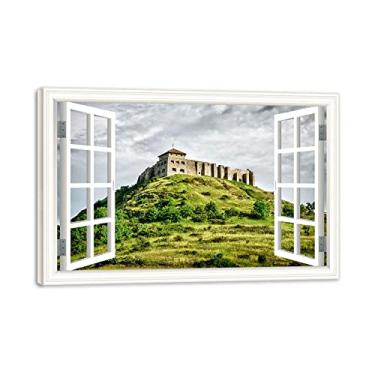 Imagem de Impressão em tela emoldurada de madeira para janela edifício antigo na encosta 3D janela falsa vista paisagem paisagem paisagem imagem impressão em tela arte de parede para sala de estar 70 x 105 cm
