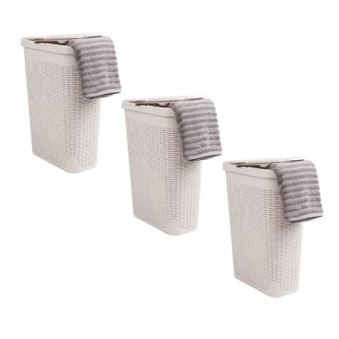 Imagem de Mind Reader Cesto de lavanderia fino de 40 L, cesta de roupas, tampa, design de vime, plástico, 45 cm C x 26 cm L x 59 cm A, conjunto com 3, marfim