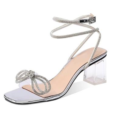 Imagem de XINIUNIU Salto com laço transparente para mulheres, sandálias de salto com strass, tiras transparentes, cristal quadrado, bloco de salto grosso, sapatos de casamento de 6 cm, Prata, 37