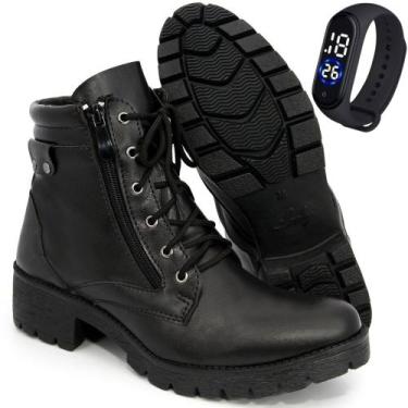 Imagem de Coturno Bota Feminina Preto Zíper Cadarço Confort Flex Couro + Relógio