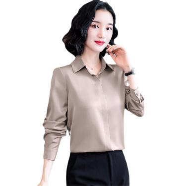 Imagem de Blusas Casuais Femininas Camisas De Cetim De Seda Vintage Hidden Breasted Office Lady Tops Formais, Champagne, L