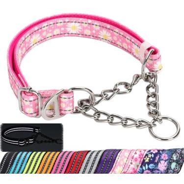 Imagem de Coleira de martingale para cães com margarida rosa, nylon refletivo, ajustável, sem puxão, corrente de adestramento, treinamento, caminhada, caça para todas as raças (margarida rosa GG)