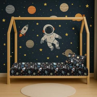Imagem de Jogo Lençol Mini Cama Montessoriana 70x150 com Elástico + Fronha 2 Peças Infantil Variados (Foguete Space)
