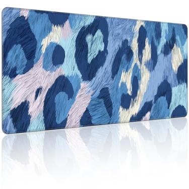 Imagem de 90 x 40 cm, mouse pad grande KOBWOPI XXL para mesa, teclado estendido para escritório de computador, mouse pad grande com bordas costuradas, estampa de leopardo, azul claro e azul marinho