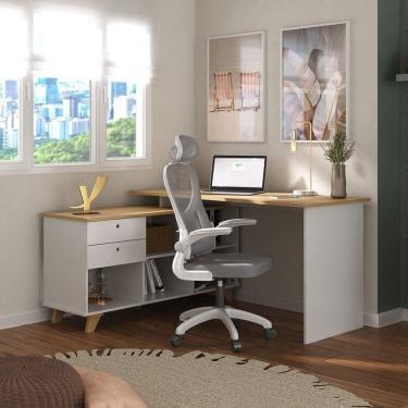 Imagem de Kit com Escrivaninha em L Retrô e Cadeira para Escritório Presidente Columbus Espresso Móveis Gold Branco/Olmo