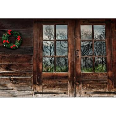 Imagem de Baocicco Pano de fundo de porta de madeira rústica 2,1 x 1,5 m fundo fotográfico grunge porta de madeira janela vista guirlanda de Natal textura de madeira parede casa rural campo cabana de madeira