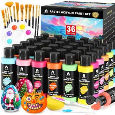 Imagem de Conjunto de 52 peças de tinta acrílica pastel com 12 pincéis, 2 facas e paleta, 36 cores (60 ml) - para adultos, crianças, artistas e iniciantes - Kit de pintura de ovo de madeira de rocha de cerâmica