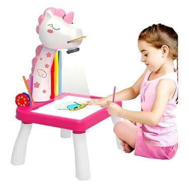 Imagem de Brinquedo Infantil Projetor Unicórnio Com Luz Rosa 24 desenhos +12 Canetinhas + Livro + Limpador p/Crianças