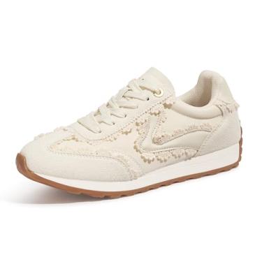 Imagem de LUCKY STEP Tênis feminino moderno moderno neutro elegante retrô tênis casual corrida caminhada, Renda esbranquiçada, 37