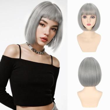 Imagem de Peruca de cabelo refinado, cinza, Bob, 30 cm, sintética para mulheres 
