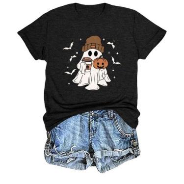 Imagem de Camisas de Halloween para mulheres Bealatt Cute Ghost Coffee Black