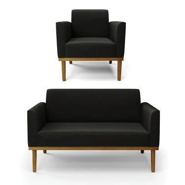 Imagem de Sofá Namoradeira com Poltrona Base de Madeira Fixa Castanho Marisa Suede Preto D03 - D'Rossi