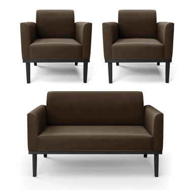 Imagem de Sofá Namoradeira com 2 Poltronas Base de Madeira Fixa Preto Marisa Suede Marrom  D03 - D'Rossi