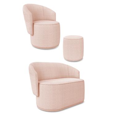 Imagem de Sofá Namoradeira com Poltrona e Puff Orgânico Sala Malu Bouclê Rosê M11 - D'Rossi