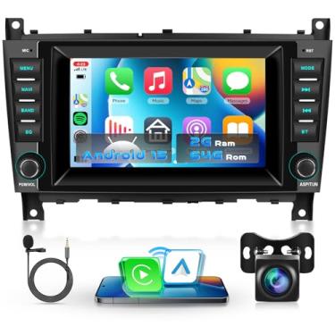Imagem de Rádio automotivo 2G + 64G para Mercedes Benz CLC W203 C-Class C180 C200 CLK200 CLK W209 com carplay sem fio/Android Auto, tela de toque estéreo de 17 polegadas, Bluetooth, GPS, SWC + câmera de reserva