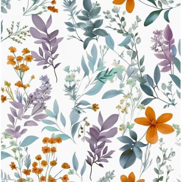 Imagem de Papel de parede de folha azul descascar e colar, papel de contato floral vintage roxo/laranja 44,5 cm x 299,7 cm, papel de parede botânico autoadesivo removível à prova d'água para quarto, paredes