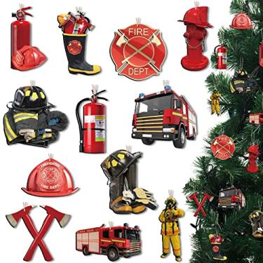 Imagem de Amyhill 36 Peças Enfeites de Bombeiro de Natal Uniforme de Capacete de Bombeiro Hidrante Extintor de Incêndio Caminhão de Bombeiros Bota de Bombeiro Enfeite de Madeira Pendurado para Decoração de Árvo