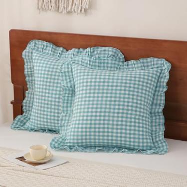 Imagem de YHJWW Capas de almofada azul-petróleo guingão com babados europeu, 100% algodão lavado, como linho, sensação macia, confortável, xadrez, decorativa, conjunto de 2 capas para cama de sofá (66 x 66 cm