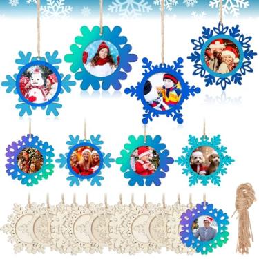 Imagem de Thyle 12 peças de kits de artesanato de moldura de Natal, enfeites de floco de neve de madeira para pendurar em árvore de Natal em massa, para festas de Natal, atividades de inverno, decorações de