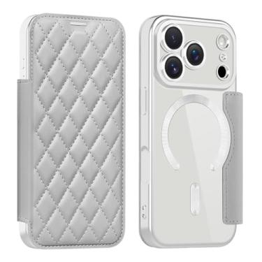 Imagem de Capa carteira magnética para Apple iPhone 17 Pro Max, capa traseira transparente de couro PU com bloqueio de RFID, compatível com Magsafe sem fio, capa antiarranhões para iPhone 17 Pro Max, cinza