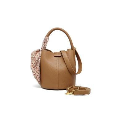 Imagem de Pequena bolsa tiracolo feminina feita de couro sintético, bolsa de ombro estilo mini balde com cachecol, alça de ombro removível, Marrom