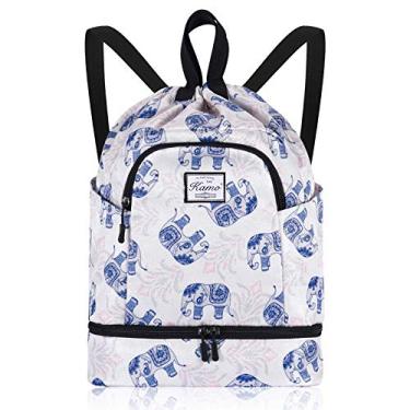 Imagem de KAMO Mochila com cordão – Mochila esportiva para natação e ioga com compartimento para sapato, dois suportes para garrafa de água para homens e mulheres, mochila com cordão grande para viagens escolares, Viajar, Elefante, One Size