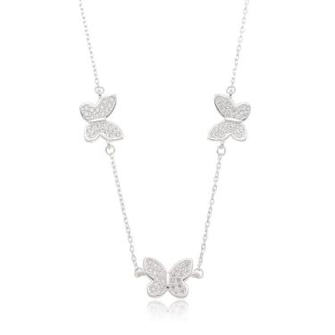 Imagem de Colar Três Borboletas Cristais Minimalista Prata 925