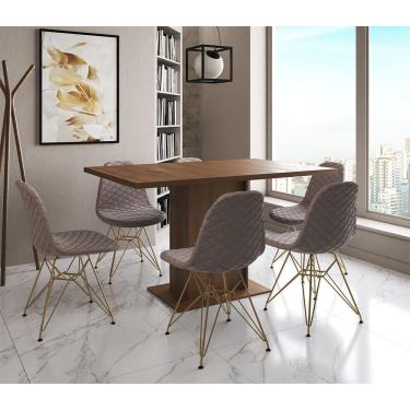 Imagem de Mesa Jantar Londres Retangular Amêndoa 137X90Cm 6 Cadeiras Estofadas Caramelo Base Dourado