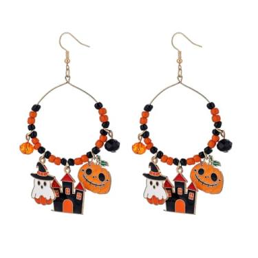 Imagem de BOOZIQ Brincos femininos de Halloween com contas de arroz, fantasma, abóbora, argola, morcego, caveira, pingente, brinco de bruxa, joia de bruxa, bijuteria de formatura, acessórios de emoção, Argila