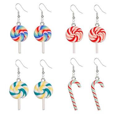 Imagem de ONLYJUMP 2 pares de brincos de bengala doce de pirulito de Natal para mulheres engraçados alimentos coloridos espirais de bengala doce brincos de açúcar presente de Natal, Large, Liga de aço, Zircônia