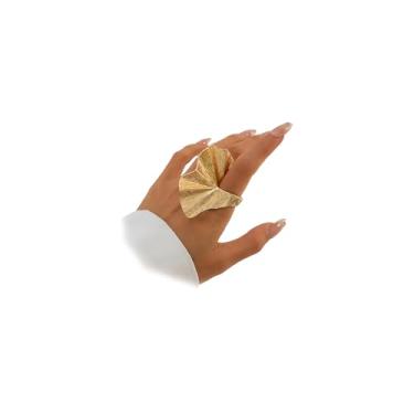 Imagem de Anel de dedo geométrico de ouro grosso para mulheres vintage folha de ginkgo em forma de leque boho grande joia floral acessórios pétala, Zinco, Sem pedra preciosa