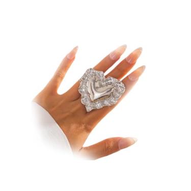 Imagem de Anéis abertos de coração inchado de ouro grosso para mulheres exagerado grande plissado anel de declaração de amor moderno geométrico polido joias de dedo do dia dos namorados presentes, Zinco, Sem