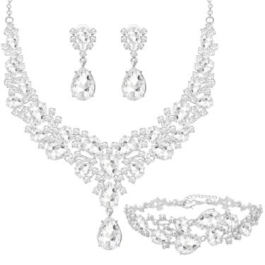 Imagem de NEWITIN Conjunto de 4 peças de joias de prata para mulheres, bijuterias, colar de cristal de lágrima, conjunto de brincos de pulseira de strass, conjuntos de joias de casamento para noivas e madrinhas