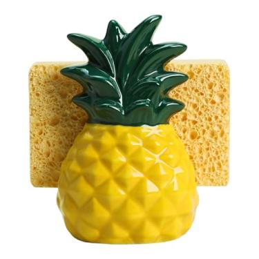 Imagem de Bicuzat Suporte de esponja de cerâmica em forma de abacaxi para pia de cozinha, organizador compacto de colete, suporte de esponja de prato