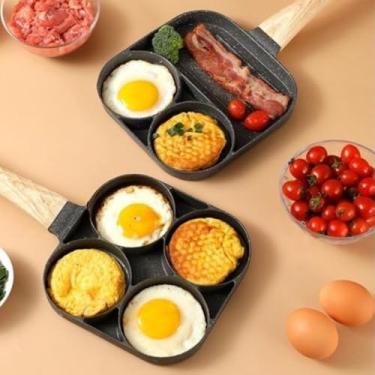 Imagem de Frigideira Multifuncional 3 em 1, Alumínio com Revestimento Antiaderente, 3 Divisórias, Cabo Emborrachado com Acabamento em Madeira, para Cozimento Simultâneo