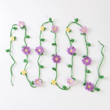 Imagem de Guirlanda de flores de crochê feita à mão, enfeites florais de lã de tricô, guirlanda de flores brancas e roxas para pendurar para artigos de festa de 1º aniversário, berçário, quarto, lareira