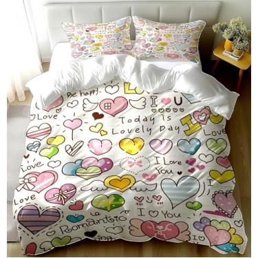 Imagem de Conjunto de capa de edredom de coração fofo tamanho Queen, capa de edredom com estampa de coração Love You Heart para crianças, meninas, capa de edredom de microfibra macia e respirável e 2 fronhas
