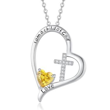 Imagem de RAODA I Am a Child of God Colar com pedra do mês de nascimento de 1 quilate colar de coração inicial para meninas 4-6 joias de pedra do mês de nascimento para meninas 6-8 presentes de cruz de coração para meninas colar banhado a ouro branco 18K para meninas adolescentes presentes de batismo presente