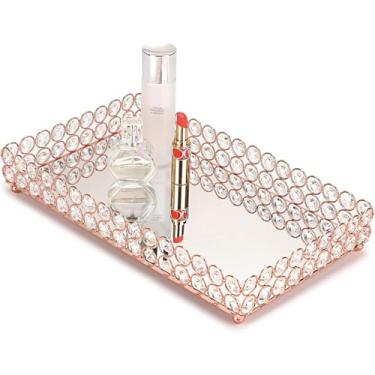 Imagem de Hipiwe Bandeja de maquiagem de cristal para cosméticos – Bandejas grandes espelhadas, organizador de bijuterias, bandejas decorativas para cômoda, bandeja de banheiro, ouro rosado